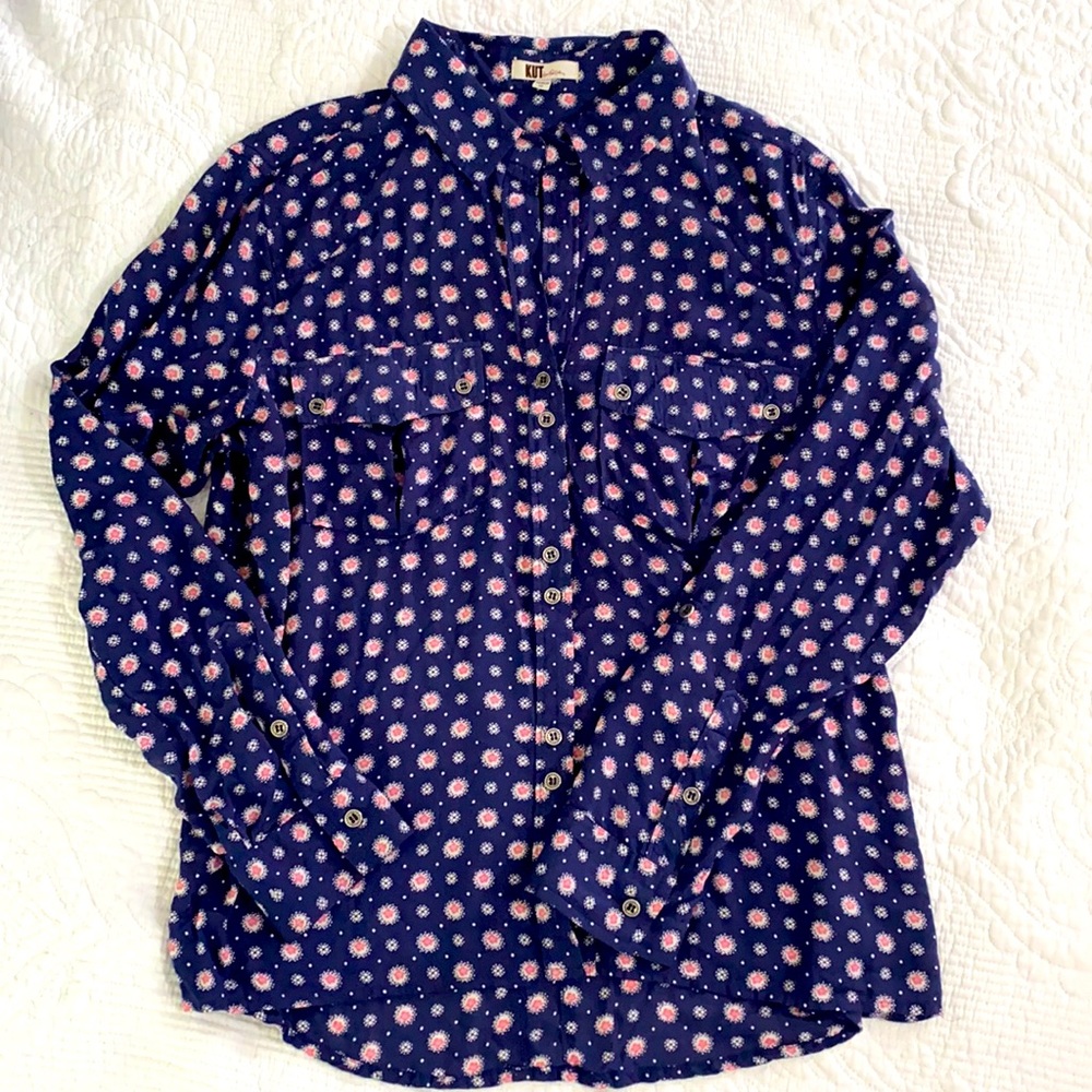 Kut From The Kloth Button Down Navy Floral Top M
